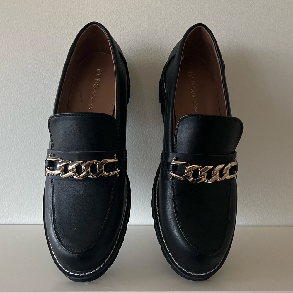 BCBG Chunky Black Loafers with Chain